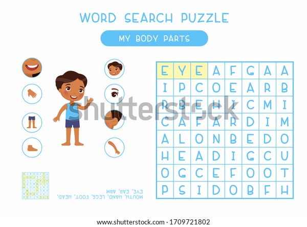 My body parts word search puzzle flat vector design. Anatomy learning