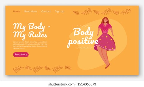 My body - my rules landing page vector template. Feminism website interface idea with flat illustrations. Body positive homepage layout. Overweight woman web banner, webpage cartoon concept