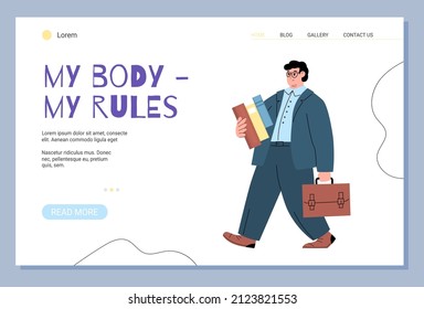 My body my rules website banner layout with modern plump overweight man cartoon character, flat vector illustration. Self confidence and acceptance of plus-size people.
