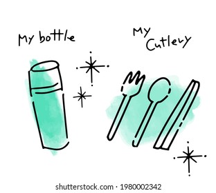 My bottle and my cutlery for sustainable living illustration