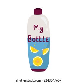 Meine Flasche, entgib Wasser mit Zitrone. Vektorgrafik für Hintergründe, Umschläge und Verpackungen. Bild kann für Grußkarten, Poster, Aufkleber und Textilien verwendet werden. Einzeln auf weißem Hintergrund.