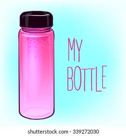 My bottle: Detox Water Bottle. Vector illustration. Healthy lifestyle, raw eating, organic drinks, diet, natural detox concept. Trendy drink ware. Pink color: strawberry or dragon fruit juice.