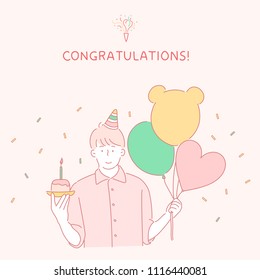 My boyfriend is celebrating with a cake and a balloon. Card concept hand drawn style vector doodle design illustrations.