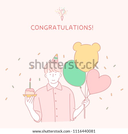My boyfriend is celebrating with a cake and a balloon. Card concept hand drawn style vector doodle design illustrations.