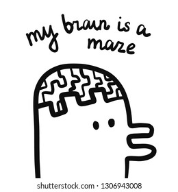 My brain is a maze hand drawn illustration with a duck