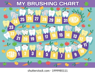 My Brushing Chart.From Start To Finish.  Child Dental Poster. Healthcare And Protection Teeth Concept. Vector Flat Design.