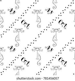 My cat. Lettering. Pattern with cats. Funny pattern. paw prints. Vector. black and white