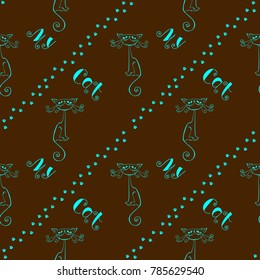 My cat. Lettering. Pattern with cats. Funny pattern.  Cat paw prints. Vector. Turquoise pattern on a brown background.