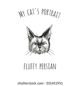 My cat's portrait: fluffy persian. Detailed realistic hand drawn isolated element on a white background with two inscription around. Simple greeting card.