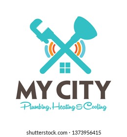 My City Plumbing Heating Cooling Logo Template. Logo featuring a wrench and a plunger crossed together and creating the outline of a house roof. Waves indicates cooling or heating system in the house.