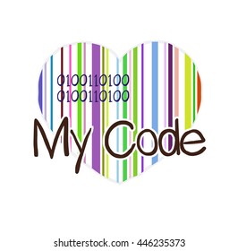 My code. Heart, colored barcode and text. Vector illustration.