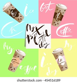 My coffee day. Coffee to go. Vector illustration disposable coffee cup icon with coffee beans. Coffee lettering