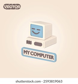 my computer 3D vector icon set on cream background. realistic illustration. retro concept