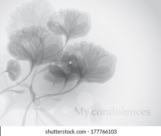 My condolences / Elegant black-and-white funeral card with subtle flowers  