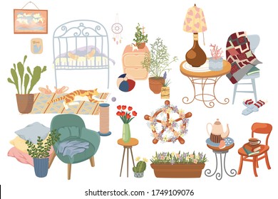 My cozy home. Hyugge. Stylish vector set of interior and decor elements in the form of houseplants, furniture, chairs with pillows, a table with a table lamp, books, slippers and a cat. Scandy style