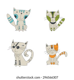 My cute cats. Four little kittens: blue, green, yellow and grey on white background. Vector illustration. Cartoon set.