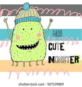 my cute monster on striped background, T-shirt design for boys vector illustration