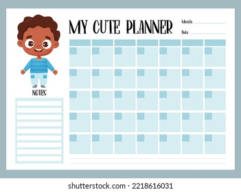 My cute planner. Kids monthly organizer and notes with cartoon black ethnic boy. Vector horizontal template in blue for print and design, children collection, stationery, schedule, planning