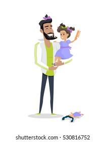 My dad is my best friend vector banner. Flat design. Daughter beard comb and braid her father sitting in his arms. Playing with child. Father day celebrating. Family values and relationships.
