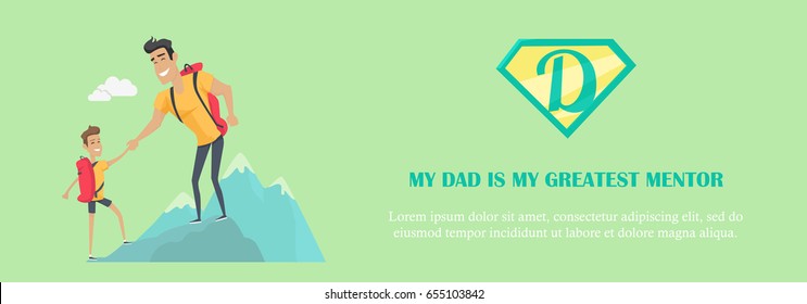 My dad is greatest mentor vector banner. Training and games with father. Family values and relationships.
