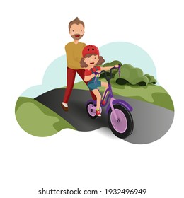 My dad teaches me how to ride a bike. Father and daughter on a sunny day. Children's bike. A girl on a bicycle. Man. Family.