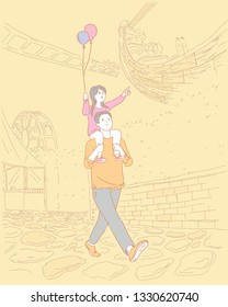 My dad is walking the theme park with his young daughter on his shoulder. hand drawing style illustration.