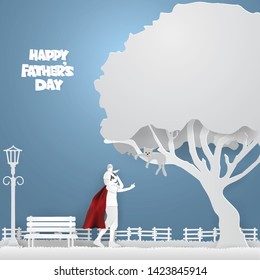 My daddy is my hero.Father raised his son to ride his head to take the Kittens on the branches in the tree.Father's Day concept,paper craft style vector and illustration