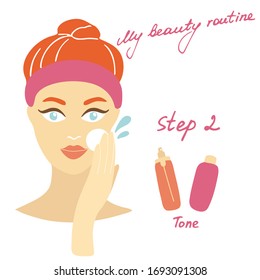 My daily routine. Skin care vector illustration. Correct order to apply skin care products. Step 2 Tone.