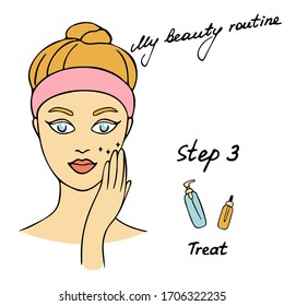 My daily routine. Skin care vector illustration. Correct order to apply skin care products. Step 3 Treat.