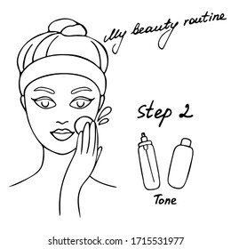 My daily routine. Skin care vector illustration. Correct order to apply skin care products. Step 2 Tone.