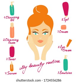 My daily routine. Skin care vector illustration. Correct order to apply skin care products. My beauty routine inscription.