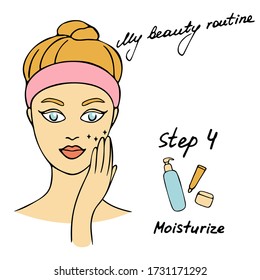 My daily routine. Skin care vector illustration. Correct order to apply skin care products. Step 4 Moisturize.
