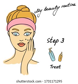 My daily routine. Skin care vector illustration. Correct order to apply skin care products. Step 3 Treat.