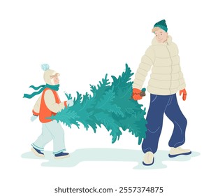 My daughter and dad carry the Christmas tree together. A friendly family walks with a Christmas tree in winter. Modern vector illustration on a transparent background with colors of greens and oranges