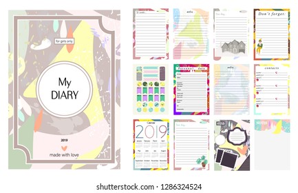 My diary. Big set of personal pages. Notebook. Notepages. Planner. Organizer.