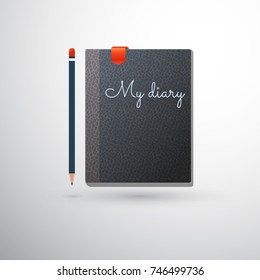 My diary with pencil and bookmark on light background