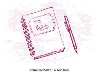 My diary - vector Illustration. Hand-drawn diary and pen on abstract pink background.