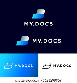 Logotipo de My Docs. Monograma D. Letra D de tira de papel blanco-azul o cinta en estilo origami.