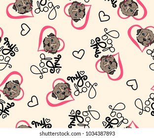 My dog lettering colour vector seamless pattern illustration on beige background with cute bulldog puppy and  hearts