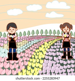 My dream garden. Colorfully discover a new dream garden. discover Garden in Sunset event with some cute gardeners.A gardening boy and girl with a tulip garden. Day-by-day operator gardening team. 