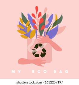 My eco bag vector illustration concept with hands holding recycling zero waste bag with flowers