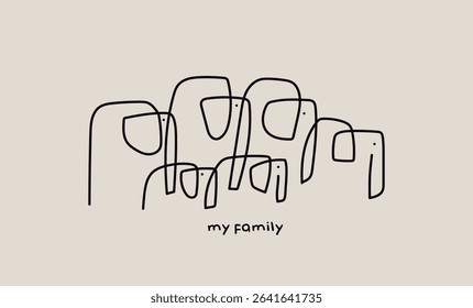 My family. Drawing of elephants drawn by line. Vector