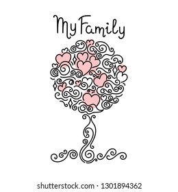 My Family. Tree hand drawn, hearts.  Design vector illustration 