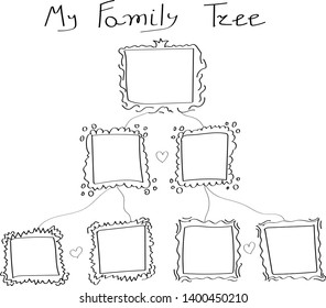 My Family Tree Template. Vector Frames In Doodle Style. Isolated On White.