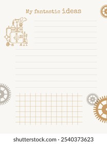 My fantastic ideas. Blank brainstorming pad with steampunk gears and vintage steam engine design.