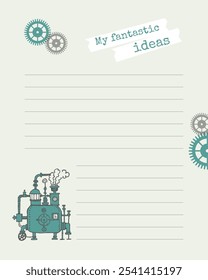 My fantastic ideas. Blank brainstorming pad with steampunk gears and vintage steam engine design.