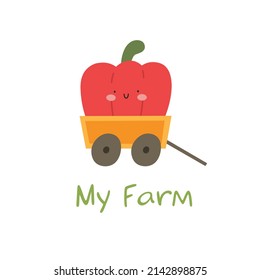 My farm. Cute vector illustration with cart and cheerful paprika. Children's print.