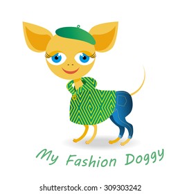 my fashion doggy - pretty dog dressed in printed green cape and beret and blue jeans 