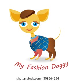 my fashion doggy - pretty dog dressed in pink top and blue vest and brown hat and trousers