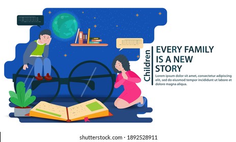 My father is sitting on big glasses, my mother is on her lap, looking at a book, a concept for banner design and websites and postcards, vector flat illustration